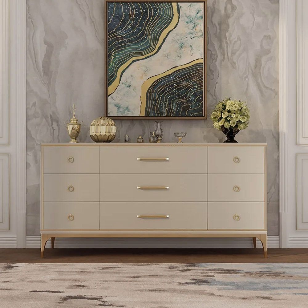 63" Contemporary 9Drawer Champagne Bedroom Dresser for Storage in Gold