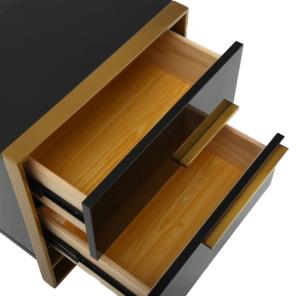 Modern 2 Drawers Black Lacquer Nightstand in Gold
