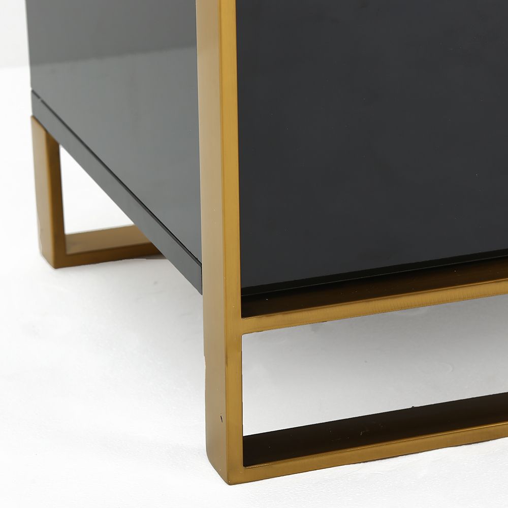 Modern 2 Drawers Black Lacquer Nightstand in Gold
