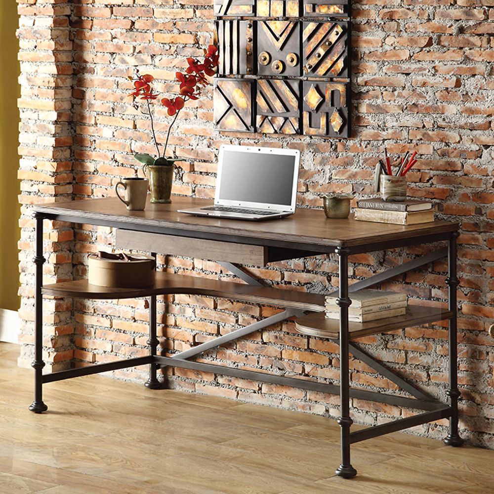 Industrial Wood Computer Desk Black Pipe Loft Writing Desk with Shelf