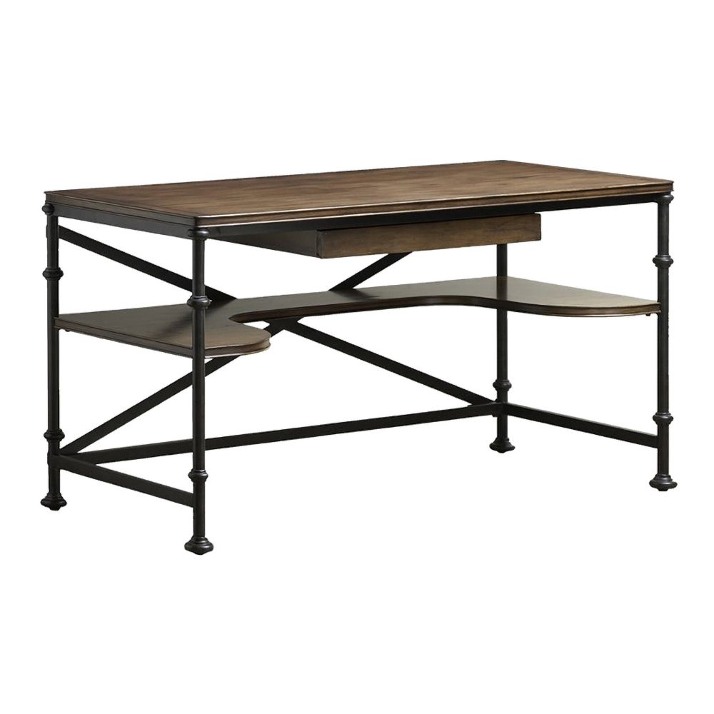 Industrial Wood Computer Desk Black Pipe Loft Writing Desk with Shelf