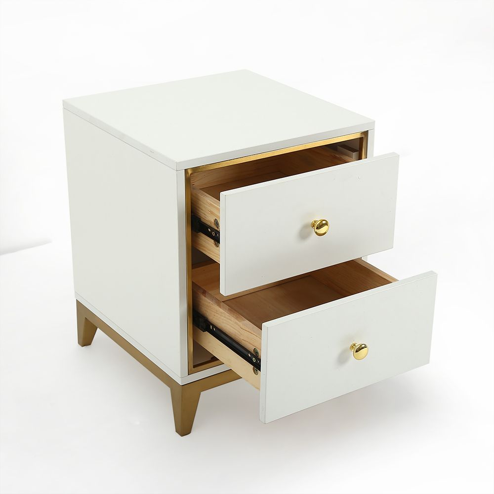 White Nightstand with 2Drawer with Gold Legs