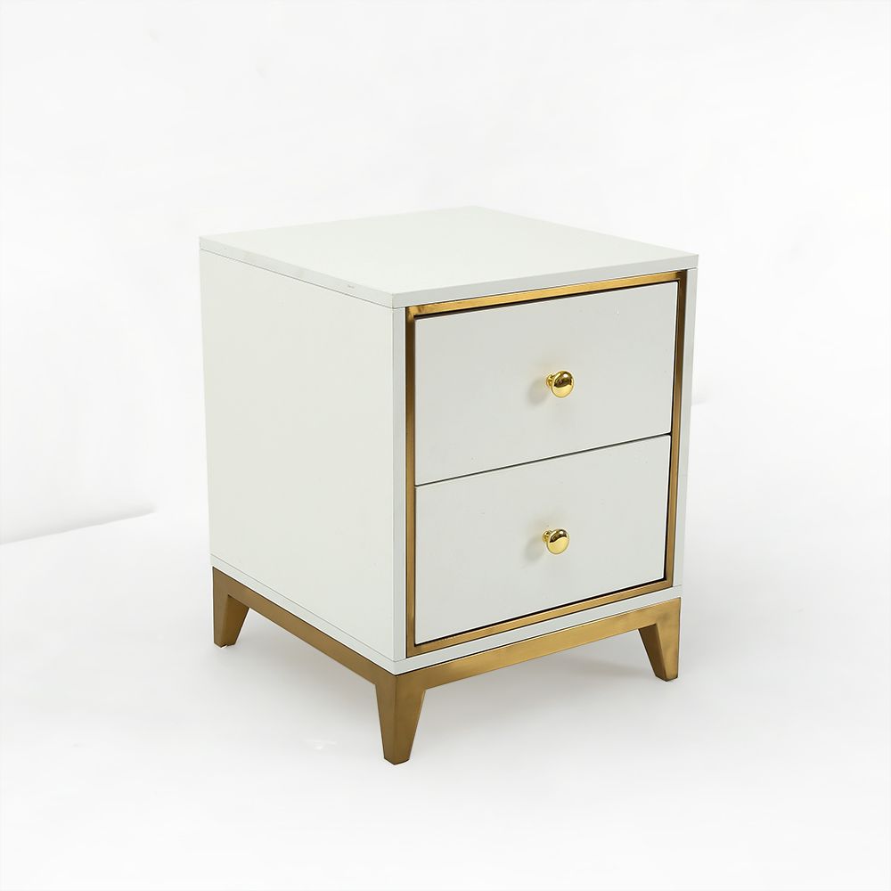 White Nightstand with 2Drawer with Gold Legs