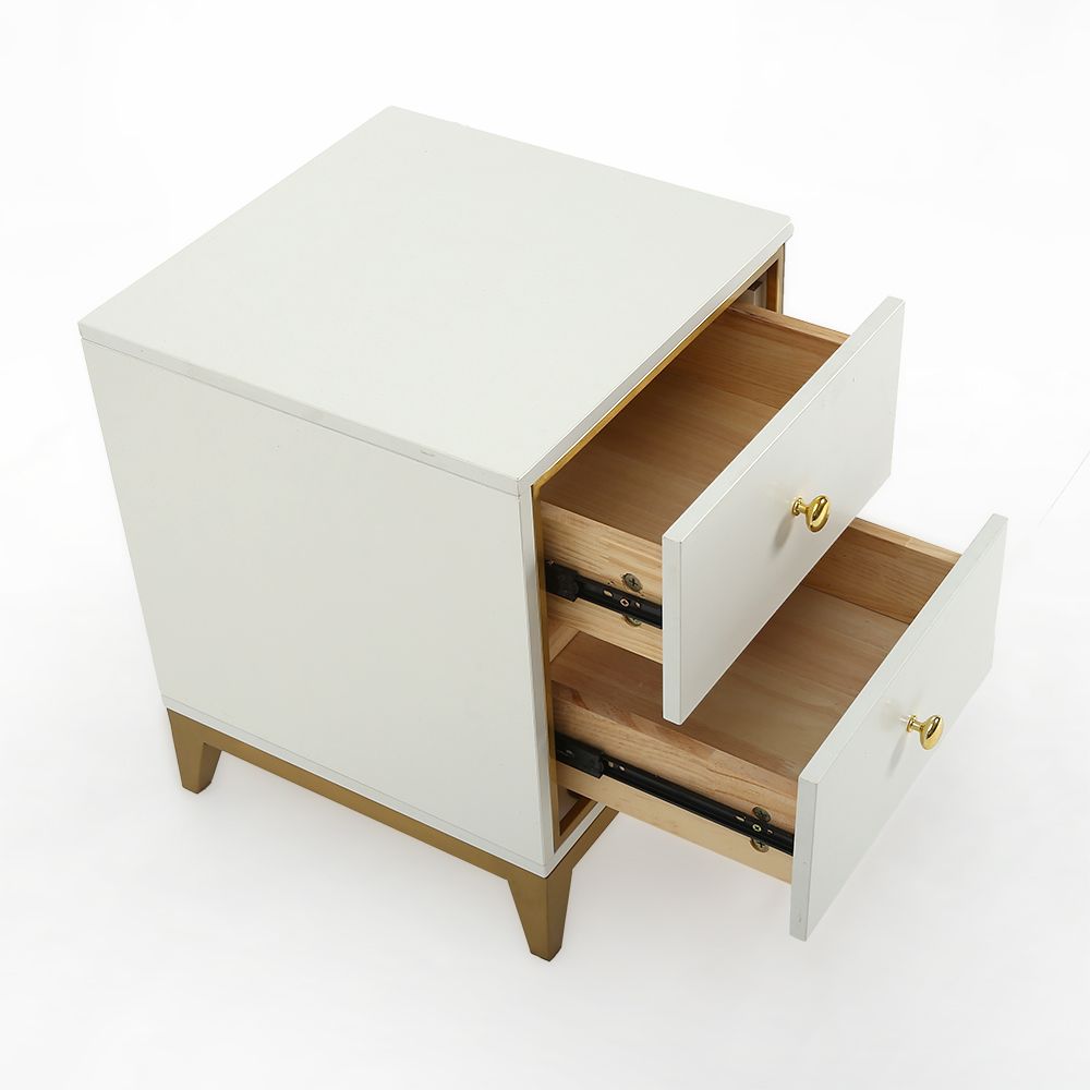 White Nightstand with 2Drawer with Gold Legs