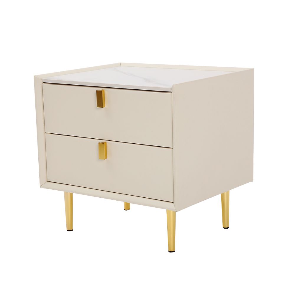 Modern Nightstand 2 Drawers Nightstand PU Leather Bedside Table Nightstand with Gold Metal Legs