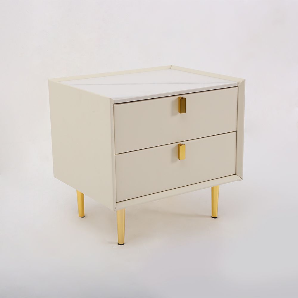 Elegant White PU Nightstand with 2 Drawers and Crystal Handles