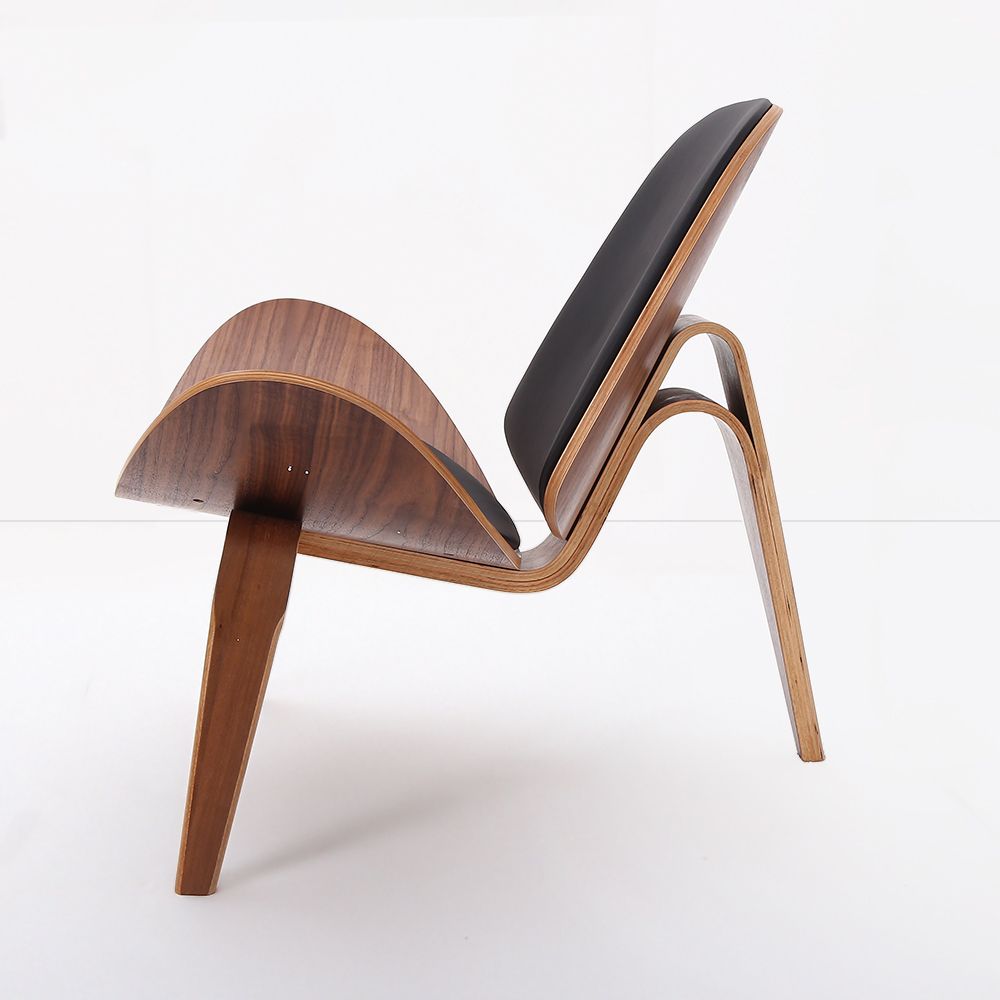 Mid-Century Modern Shell Chair Single Side Chair Tripod Black Leather