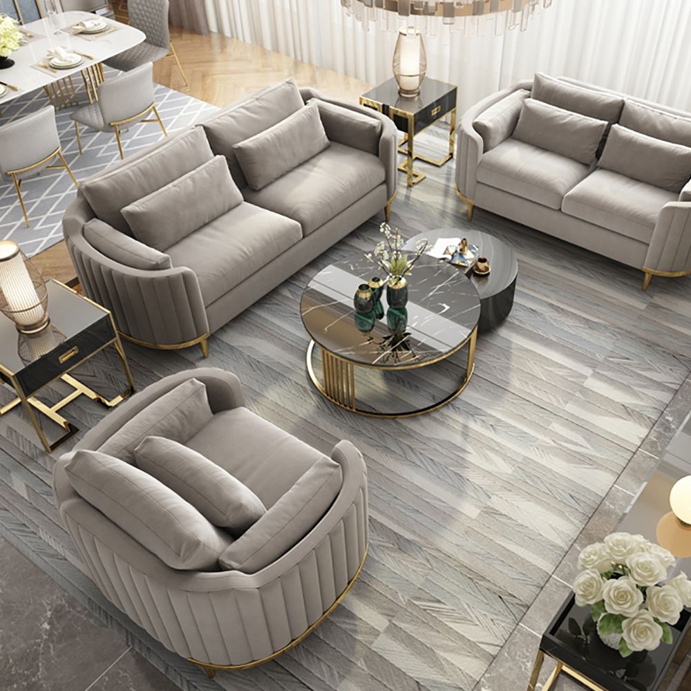 Modern Living Room Sets Gray Velvet Upholstered Chair & Loveseat & Sofa