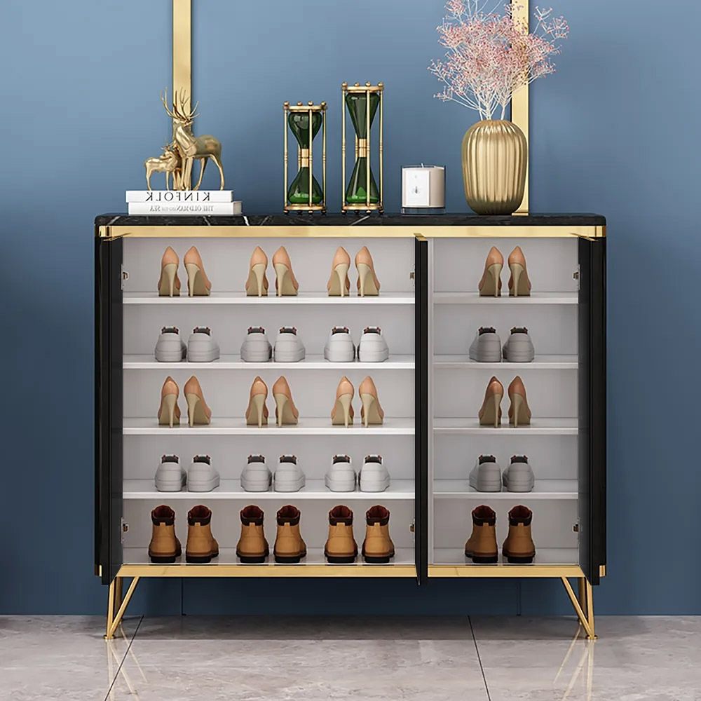 Modern Black 3 Doors Shoes Storage with 8 Shelves 20 Pairs in Gold