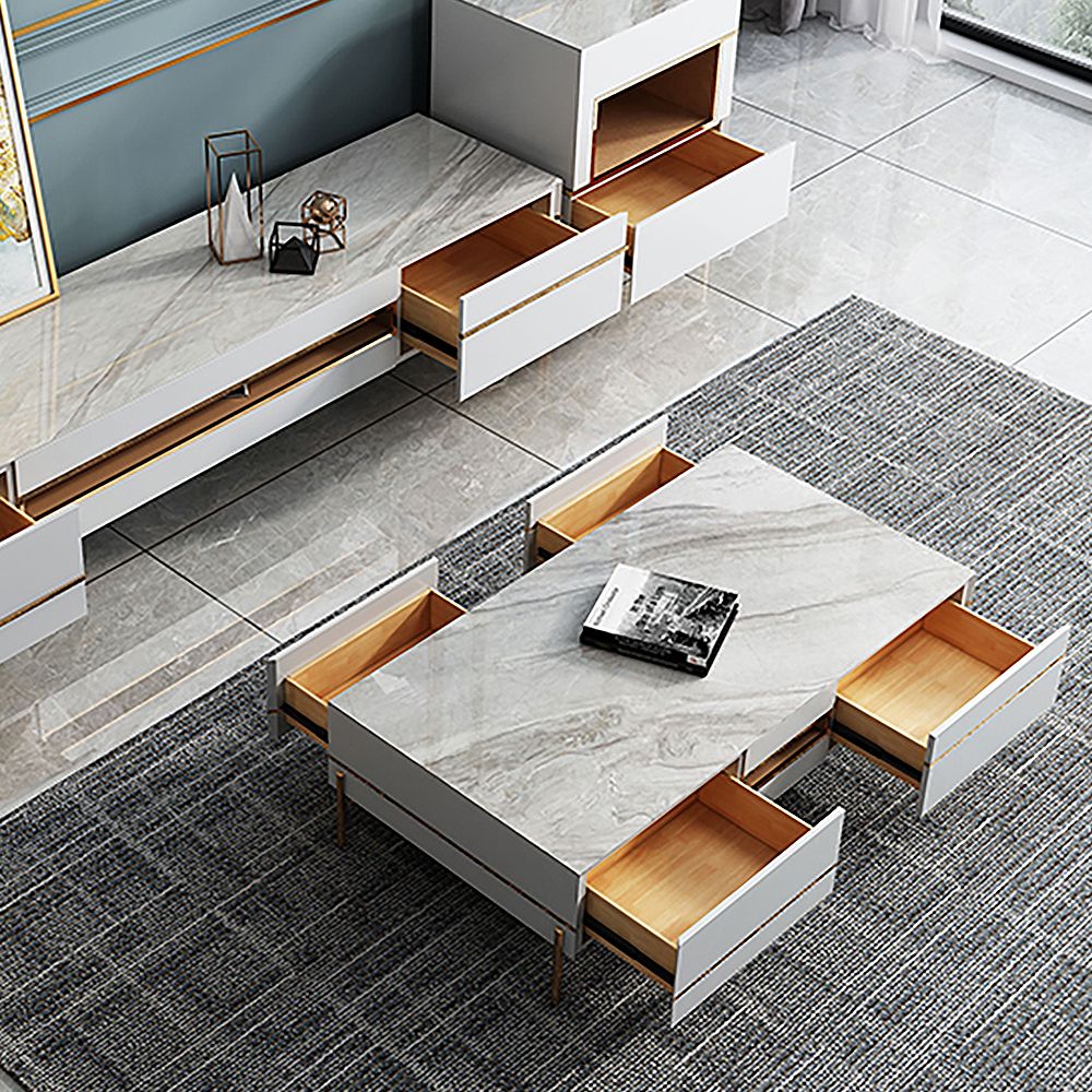 51.2" Modern White Stone Top Coffee Table with Storage 4 Drawers