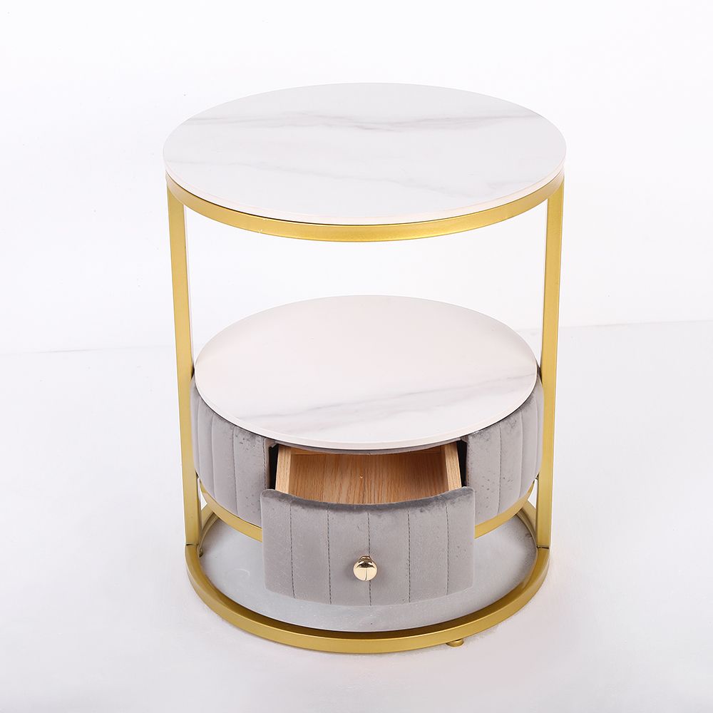 White Round Stone Side Table with Drawer Velvet Gold Finish