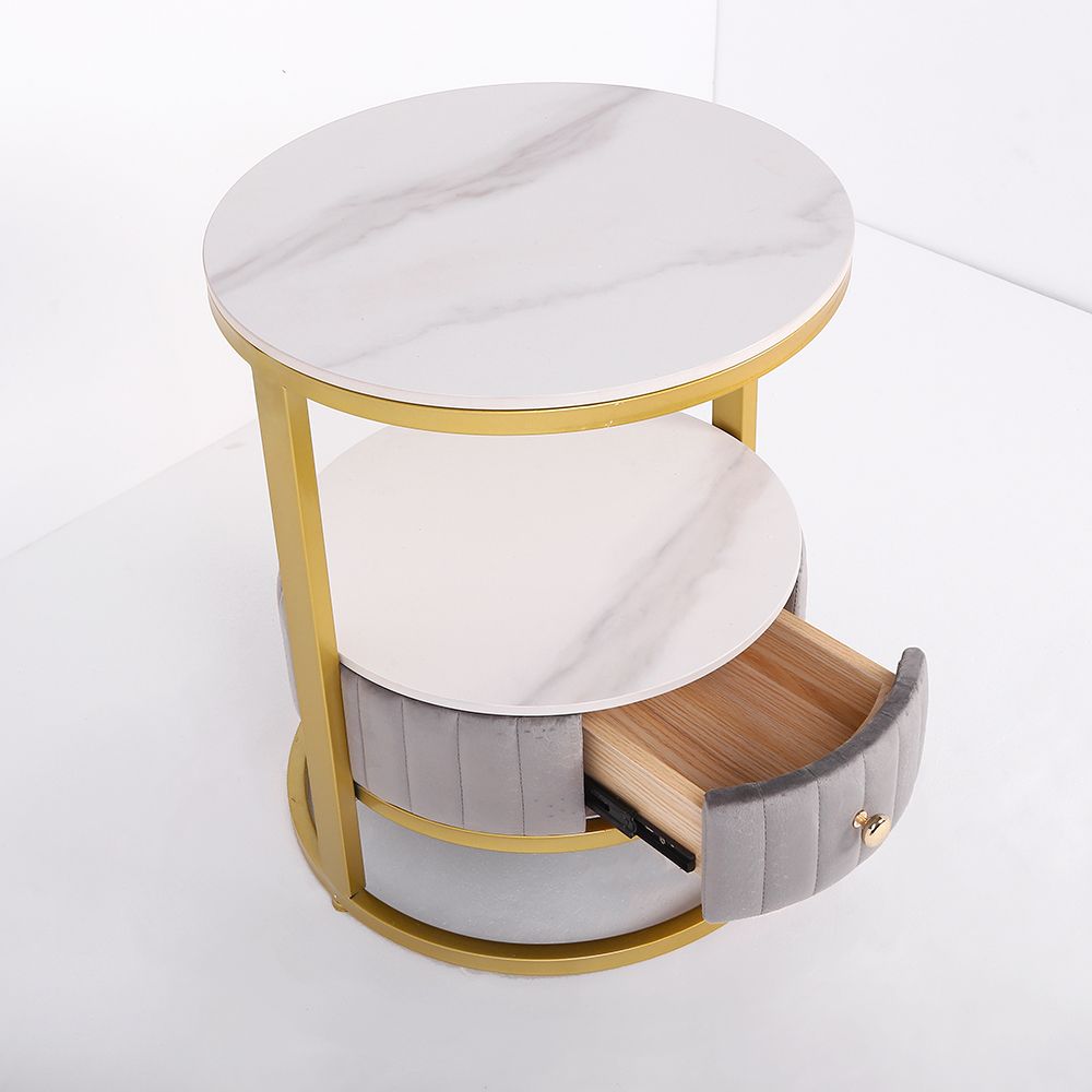 White Round Stone Side Table with Drawer Velvet Gold Finish
