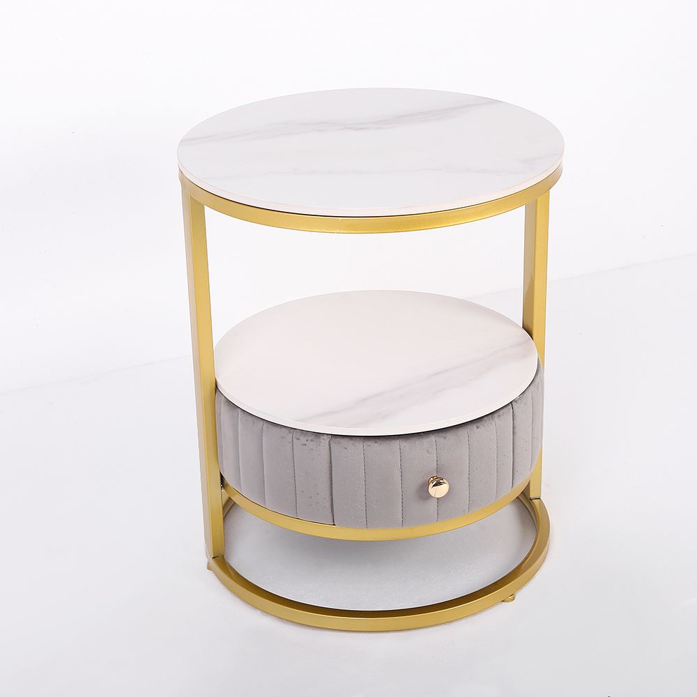 White Round Stone Side Table with Drawer Velvet Gold Finish