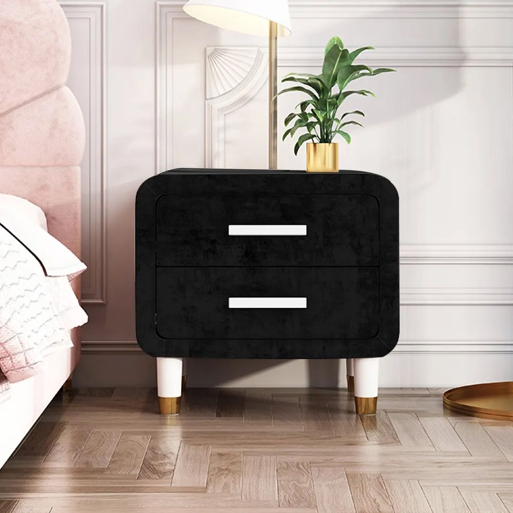 Black Velvet Nightstand 2Drawer with Storage Nursery and Bedroom