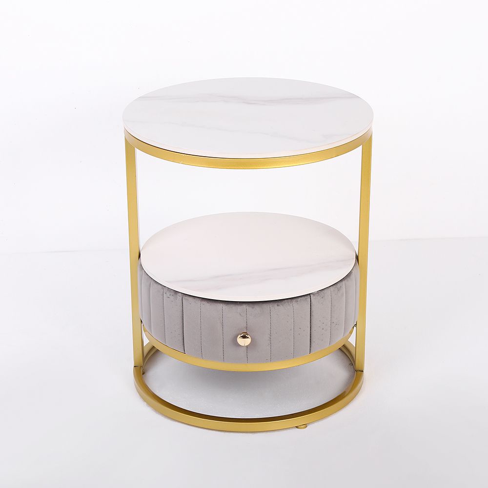 White Round Stone Side Table with Drawer Velvet Gold Finish