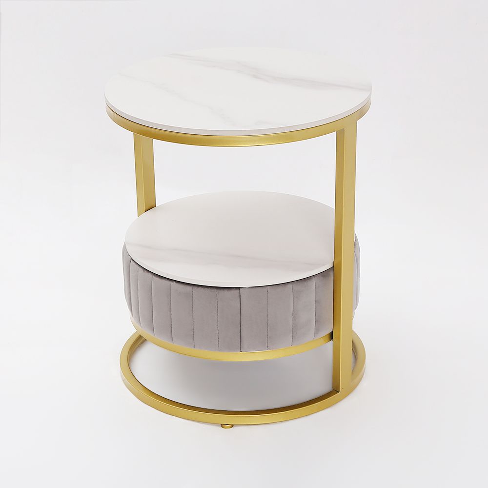 White Round Stone Side Table with Drawer Velvet Gold Finish