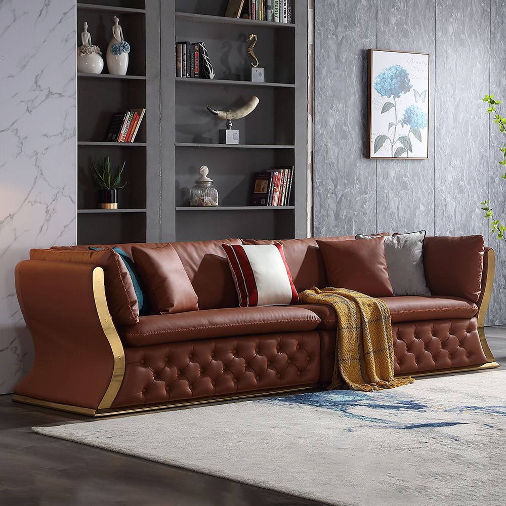 112.2" 4Seater Brown Vegan Leather Sofa with Split Seat