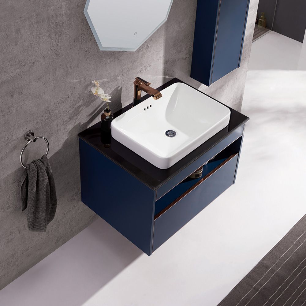 Modern Blue Floating Bathroom Vanity Marble Top Ceramics Vessel with 1