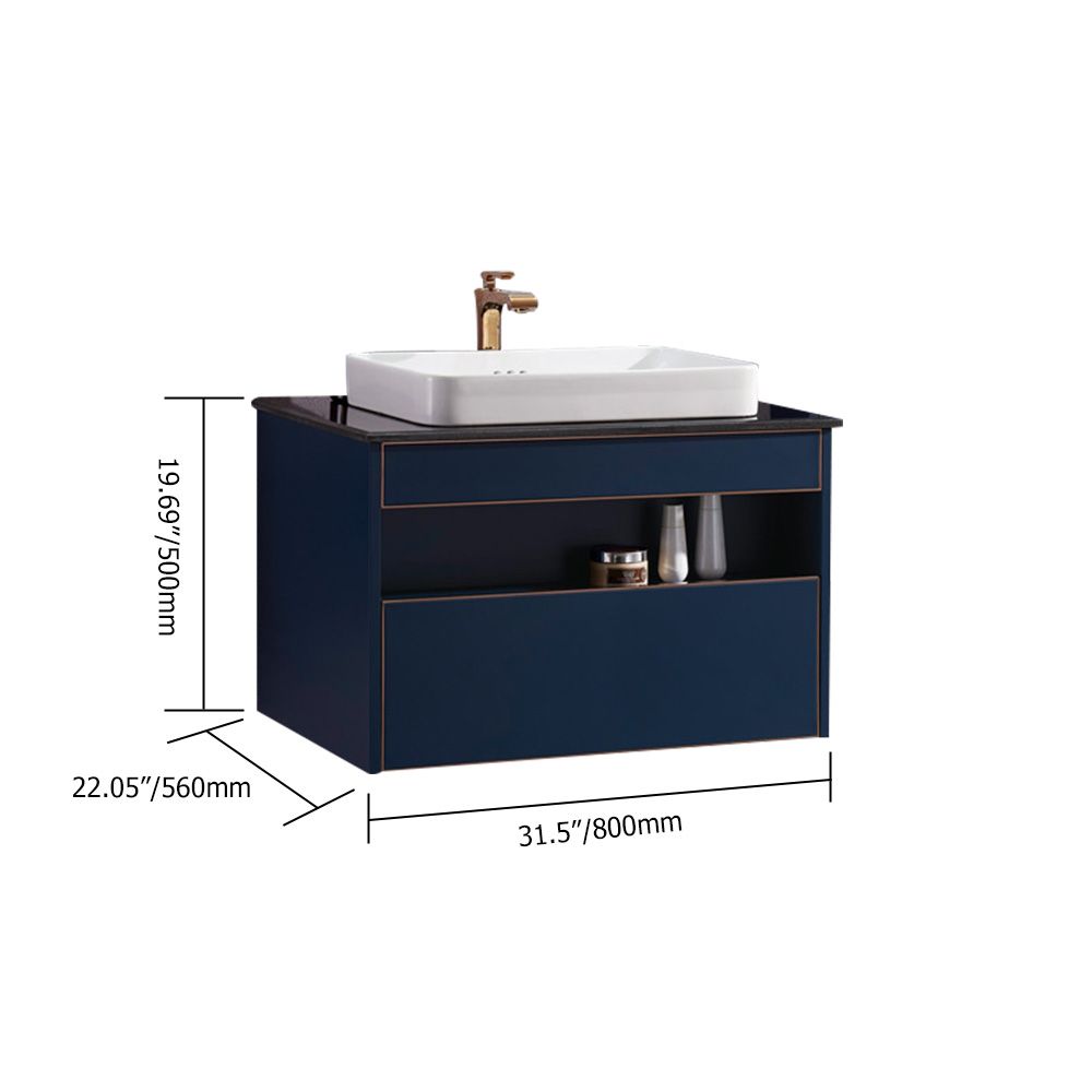 Modern Blue Floating Bathroom Vanity Marble Top Ceramics Vessel with 1