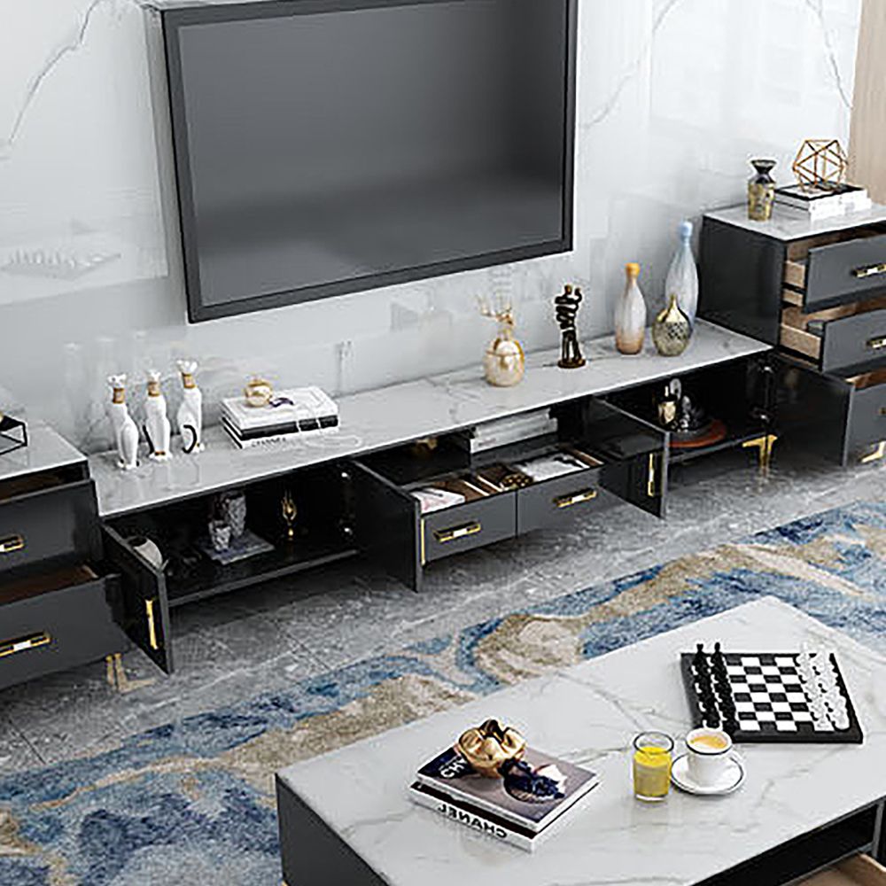 78.7" Black & White Marble Top TV Stand Media Console with 2 Drawers