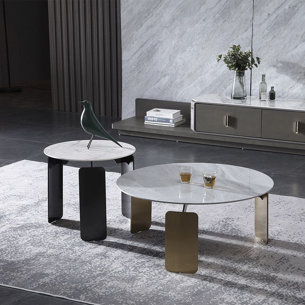 Modern Stone Top Coffee Table Set Stainless Steel Base Round Coffee