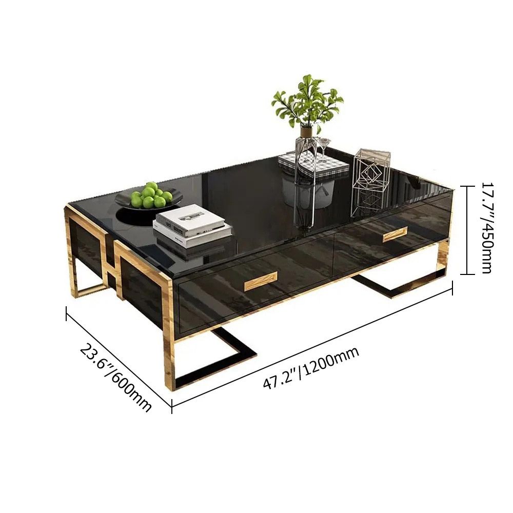 Jocise Contemporary Black Rectangular Coffee Table with Drawers Lacquer Gold Base