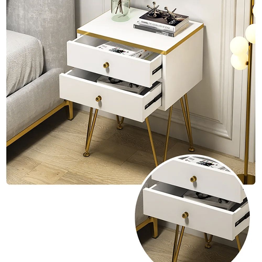 Modern White Nightstand 2Drawer Bedside Gold Pulls & VShaped Legs