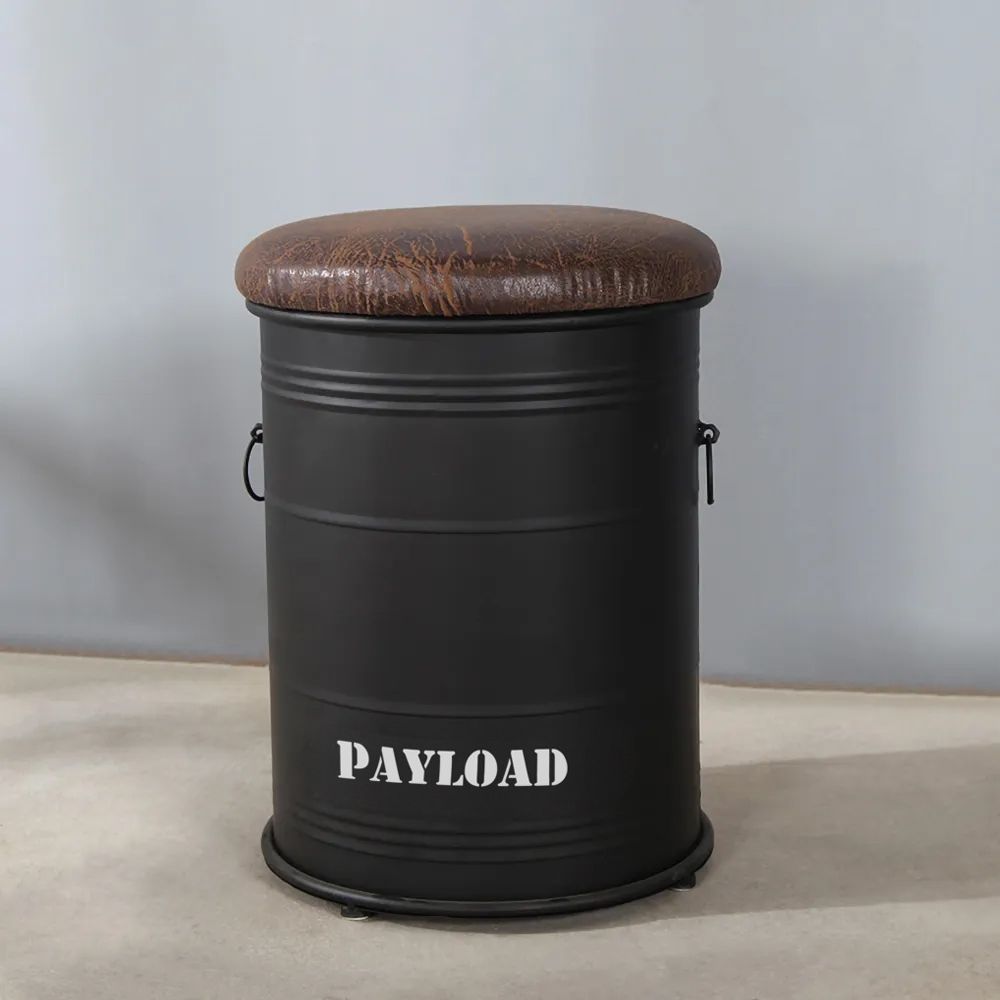 Industrial Inspired Black OilBarrel Stool with Storage Metal Drum Accent Stool PU Leather