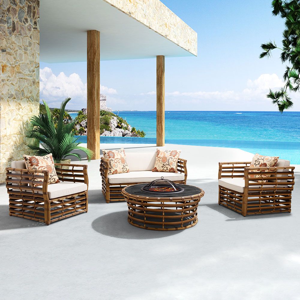 4-Piece PE Rattan Outdoor Dining Set with Sofa & Coffee Table & Firepit