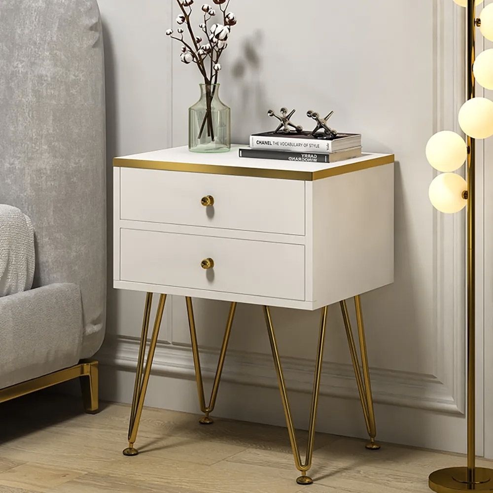 Modern White Nightstand 2Drawer Bedside Gold Pulls & VShaped Legs