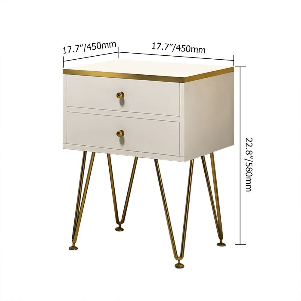 Modern White Nightstand 2Drawer Bedside Gold Pulls & VShaped Legs