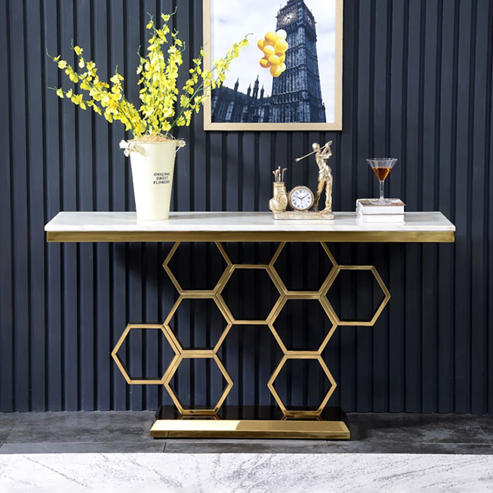 47.2" Contemporary Rectangular White Marble Console Table Narrow ...