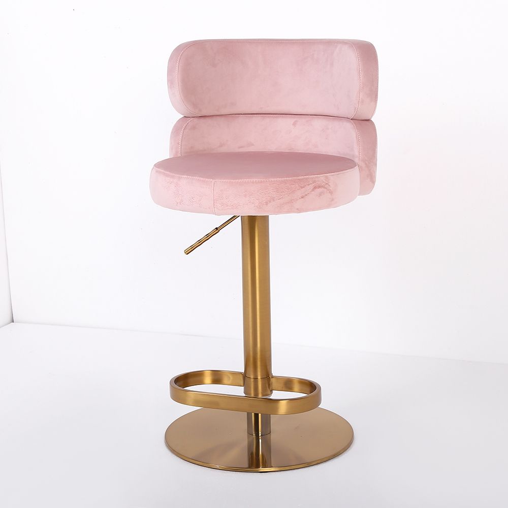 Swivel Bar Stool with Backrest Adjustable Height Pink Velvet Upholstery in Gold Finish