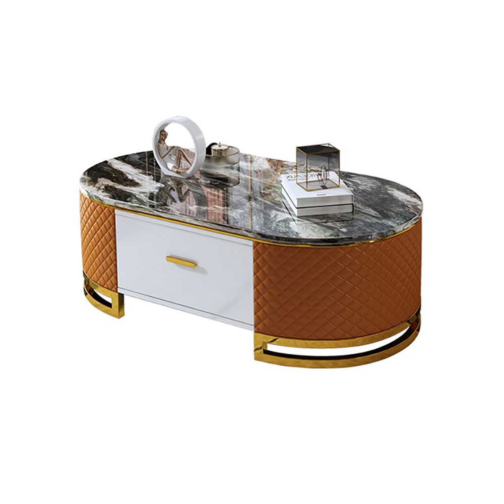 51.2" Modern Oval Marble Coffee Table with Storage Orange Microfiber