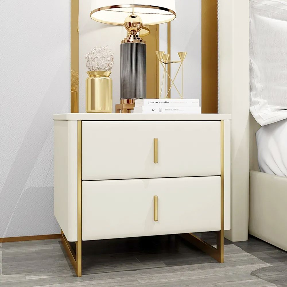 Nordic Off White Nightstand 2Drawer Faux Leather Bedside Table in Gold
