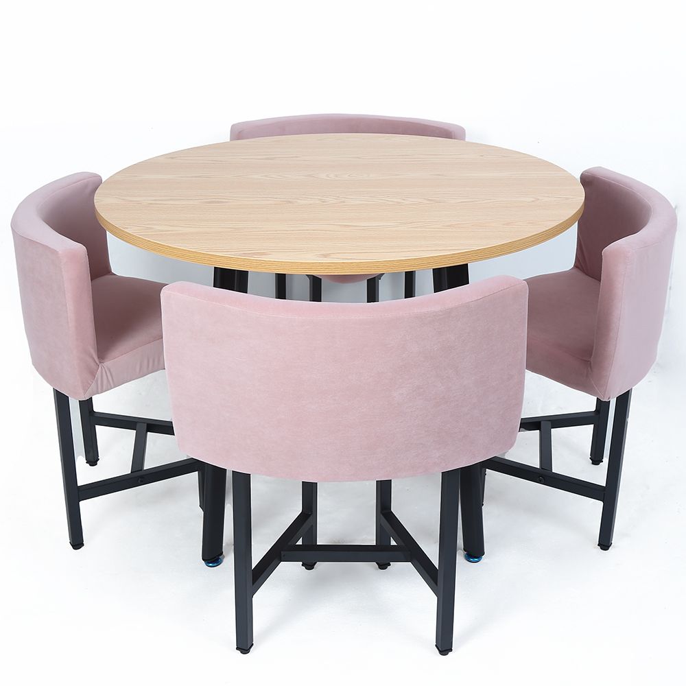 39.4" Round Wooden Small Dining Table Set 4 Upholstered Chairs for Nook