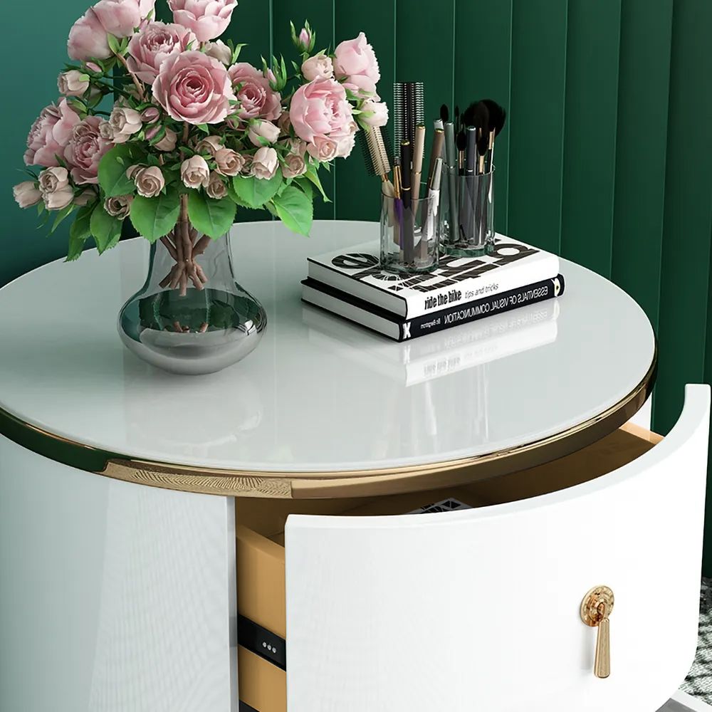 Modern Round Nightstand White Nightstand in Gold Finish 2 Drawers