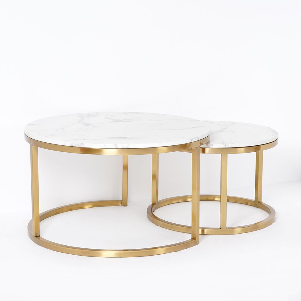 Nordic Round Coffee Table Gold Metal & White Marble Accent Table with