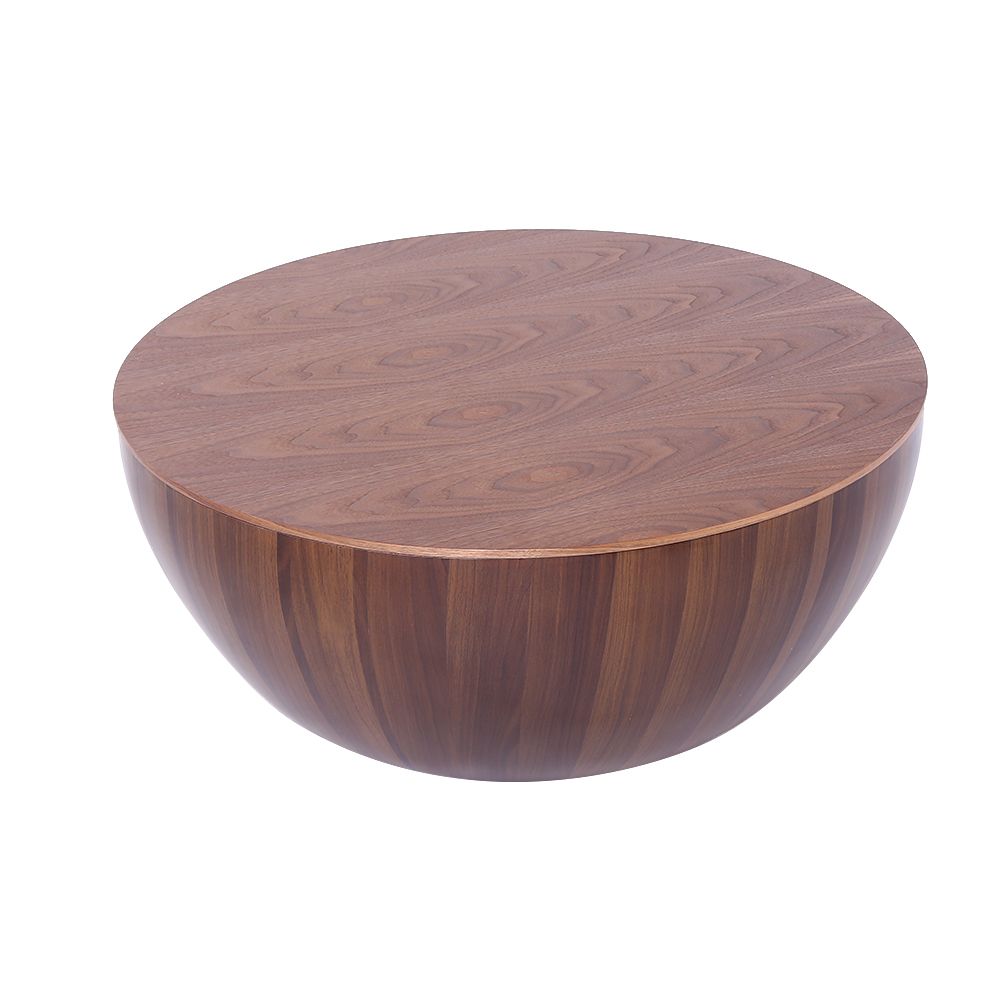 Round Drum Coffee Table with Storage Walnut Bowl Shaped Coffee Table