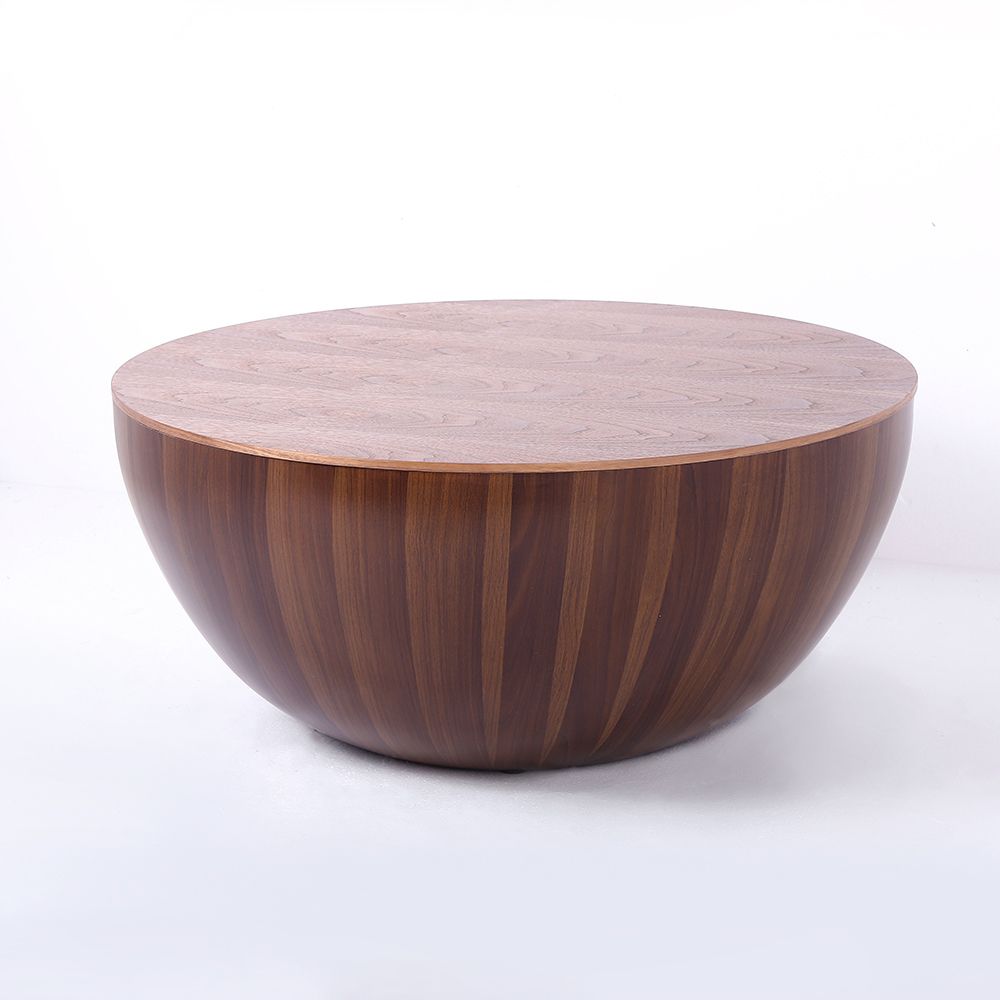 Round Drum Coffee Table with Storage Walnut Bowl Shaped Coffee Table