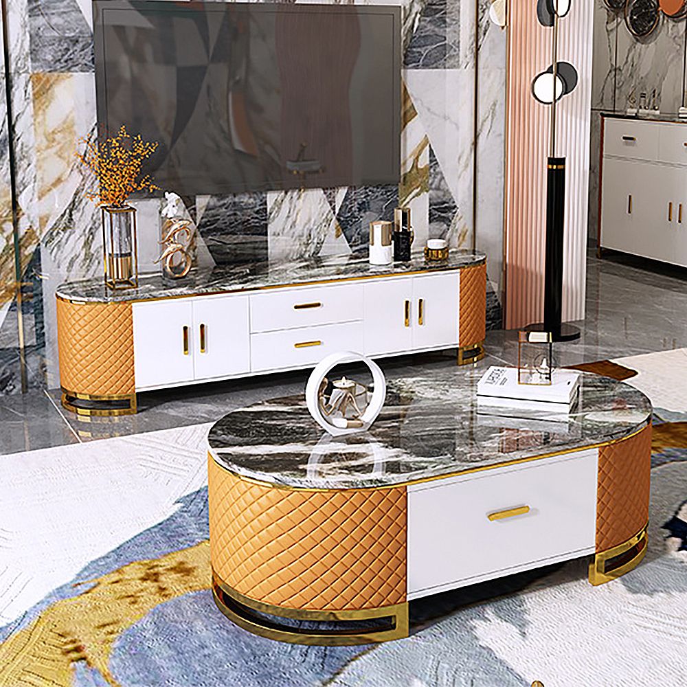 Marble Top & Stainless Steel Base Coffee Table and TV Stand Set of 2