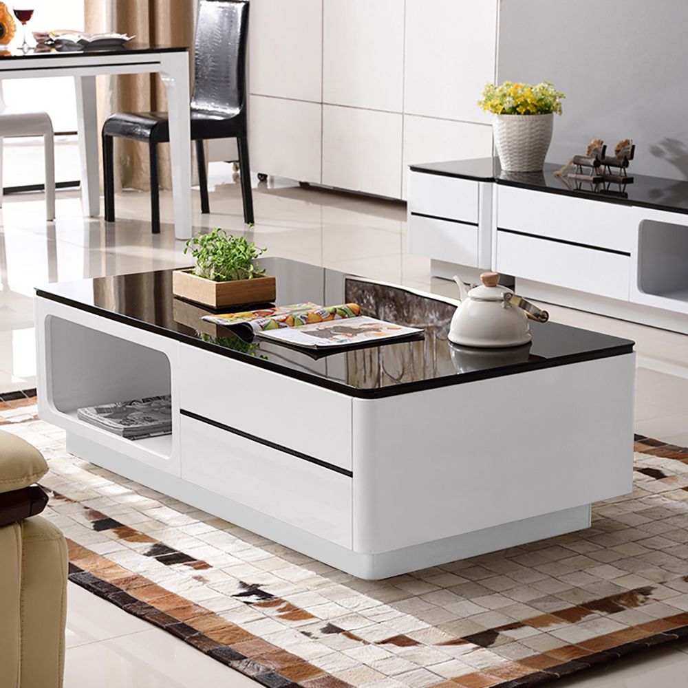 Modern Black Tempered Glass Coffee Table with Storage in Solid Wood