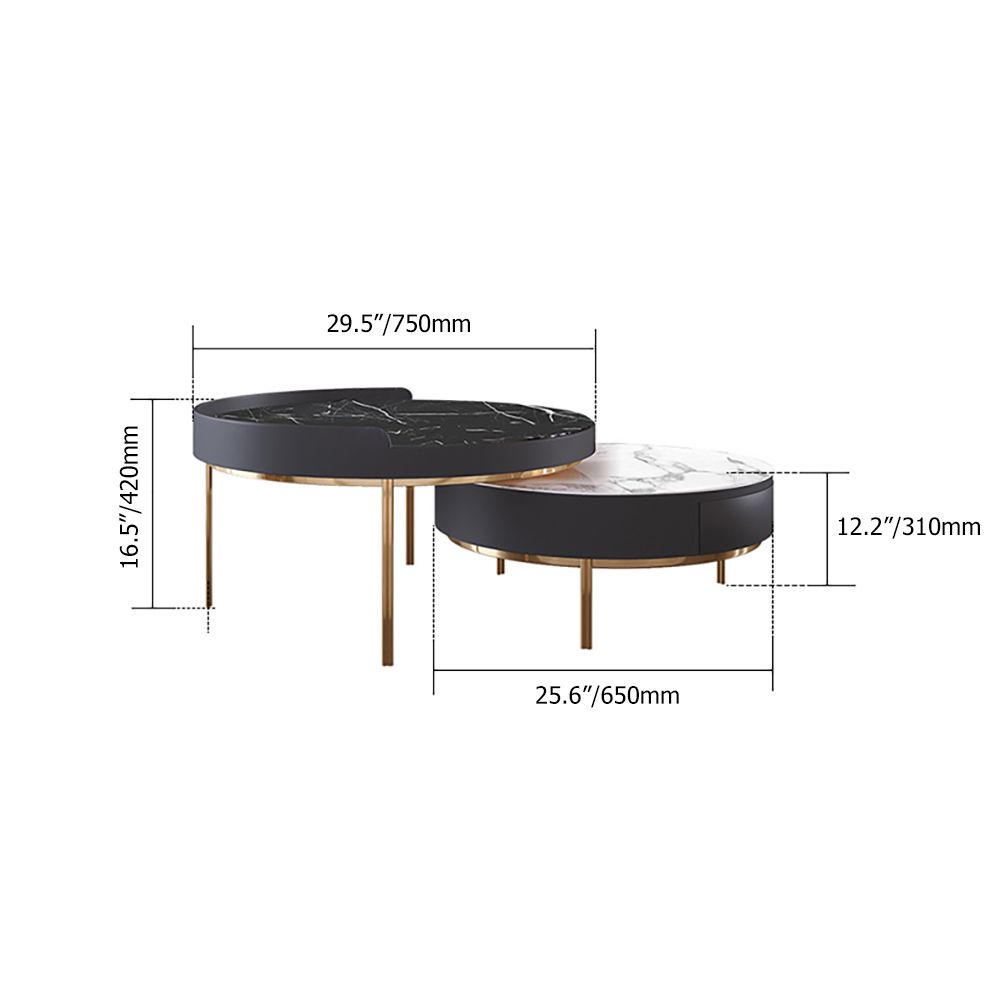 Round Modern Stone Top Nesting Coffee Tables with 1 Drawer