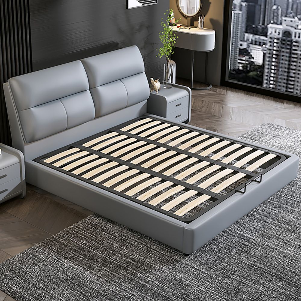 Modern Gray Upholstered Low Profile Storage Platform Bed with Wingback