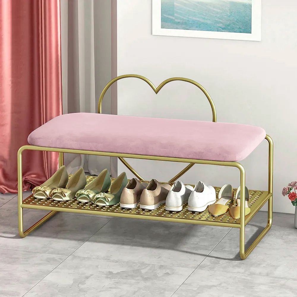 Entryway Bench Velvet Upholstery with Shoe Shelf Heart Shaped Back for ...