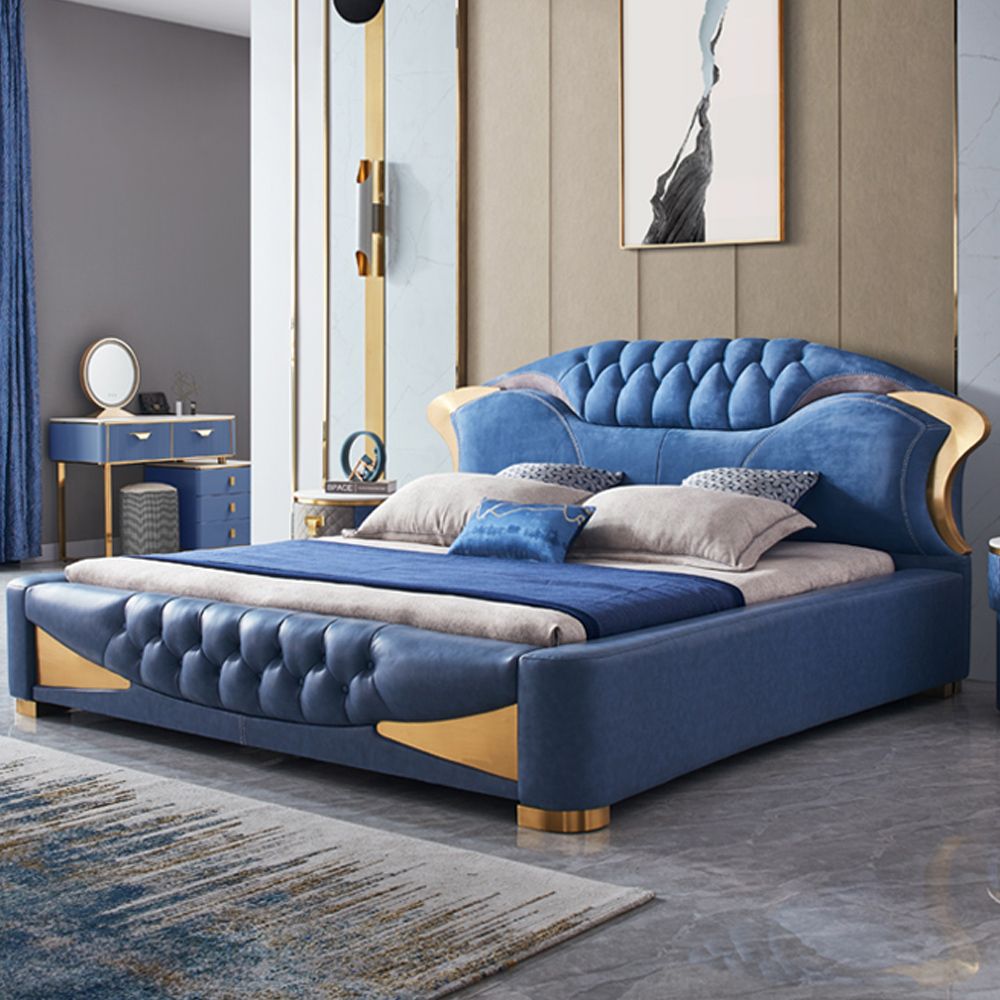 Modern Blue & Gray Faux Leather Upholstered LowProfile Platform Bed