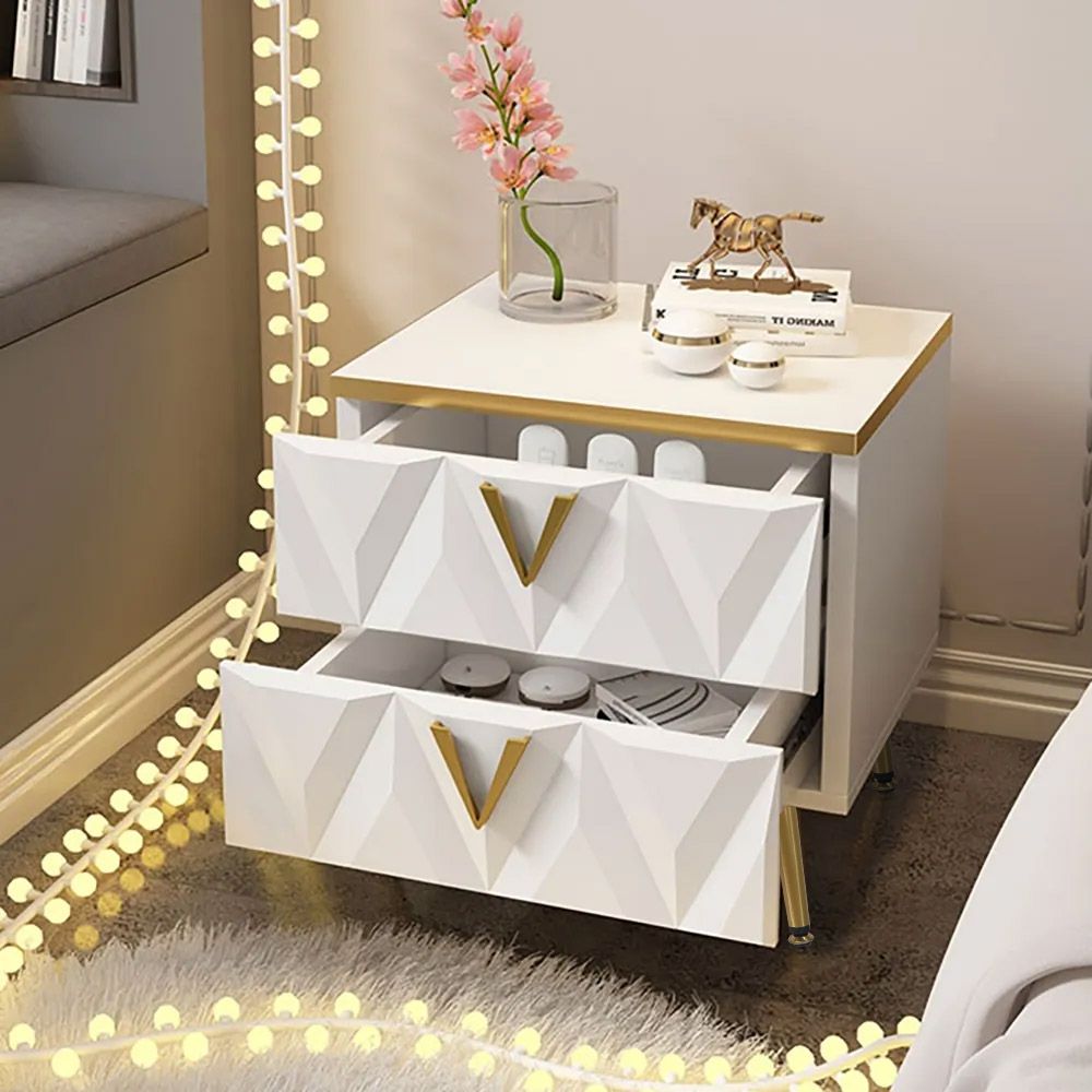Nordic White Nightstand 2Drawer Bedside Table VShaped Facet & Gold Pulls in Small