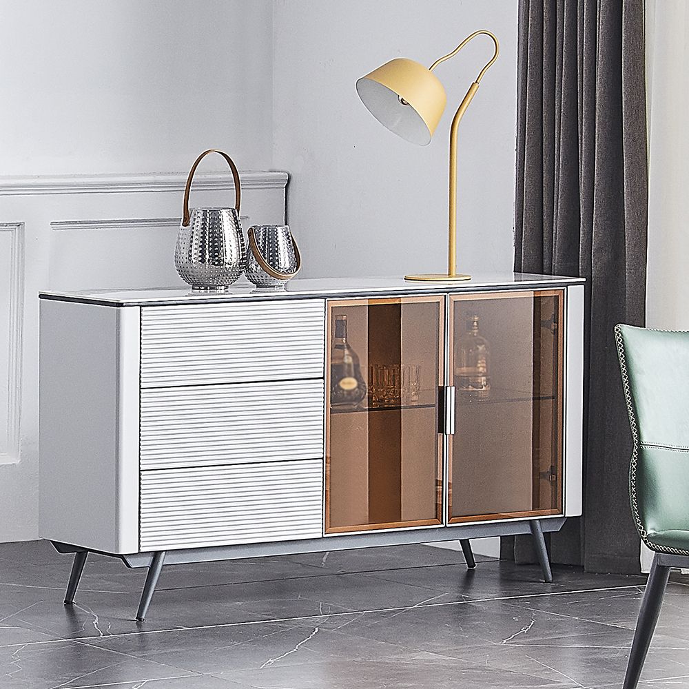 Post-modern White Rectangular Buffet Sideboard With Drawers & Glass Doors