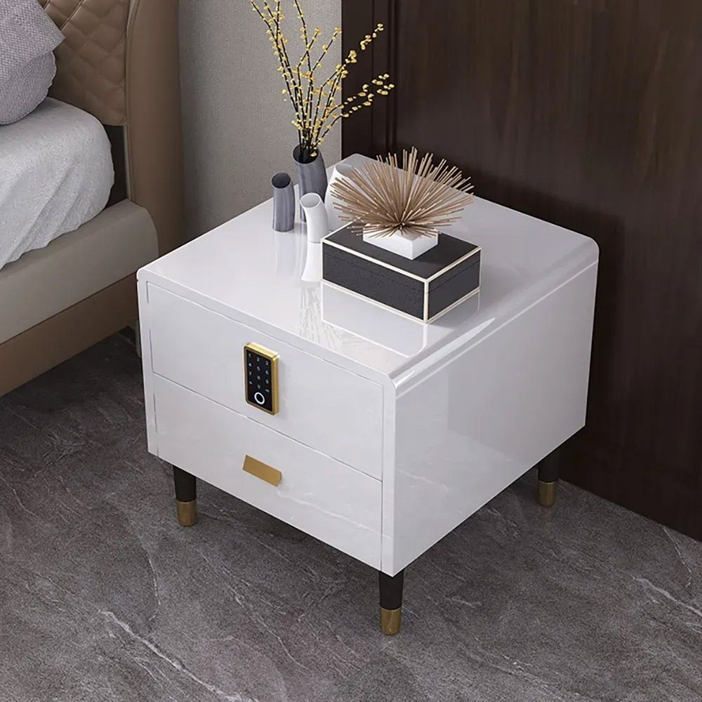 White Nightstand Luxury Intelligent Lock 2Drawer Lacquered Bedside Table