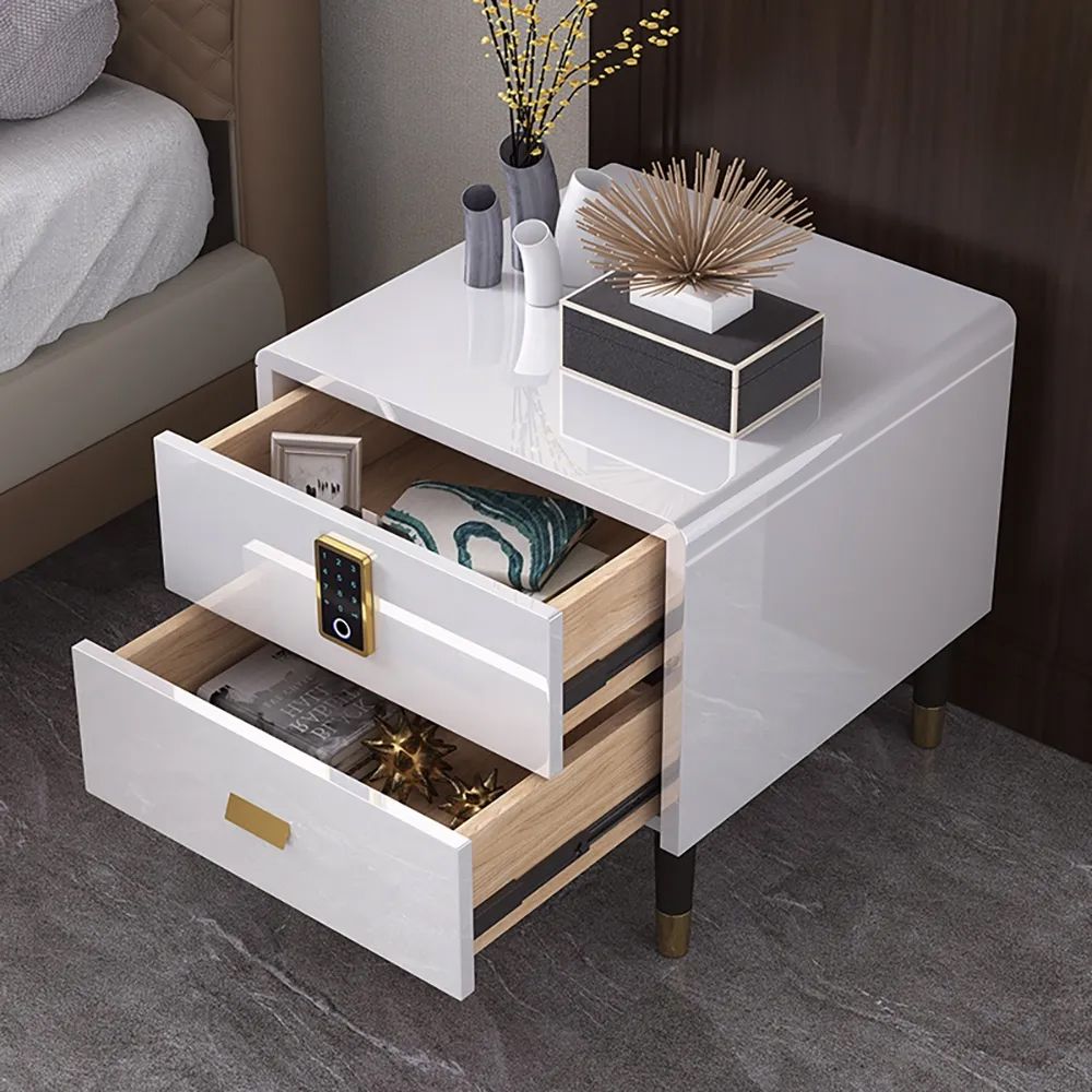 White Nightstand Luxury Intelligent Lock 2Drawer Lacquered Bedside Table